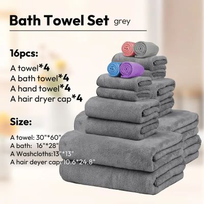 JML 16pcs Ultra-soft Coral Fleece Bath Towel Set, Quick-Dry, Highly Absorbent & Ultra Soft. Includes 2 Luxury Bath Towels, 2 Hand Towels, 4 Washcloths, 4 Hair Dryer Caps, perfect for family use and gifting. Suitable For Men And Women, Ideal For Family Bat